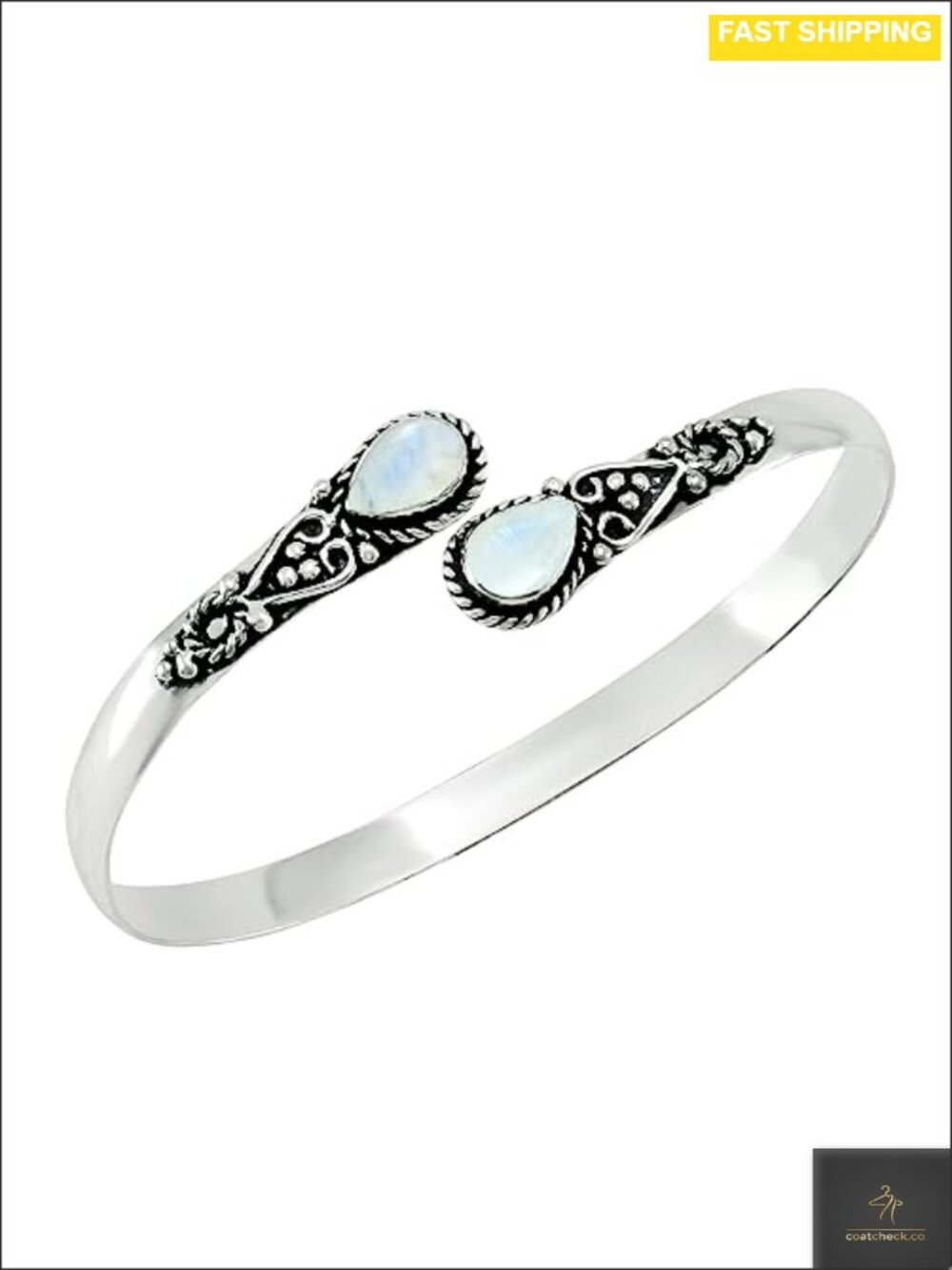 Silver Plated Open Cuff Bangle Bracelet Genuine Moonstone Pear Gemstone
